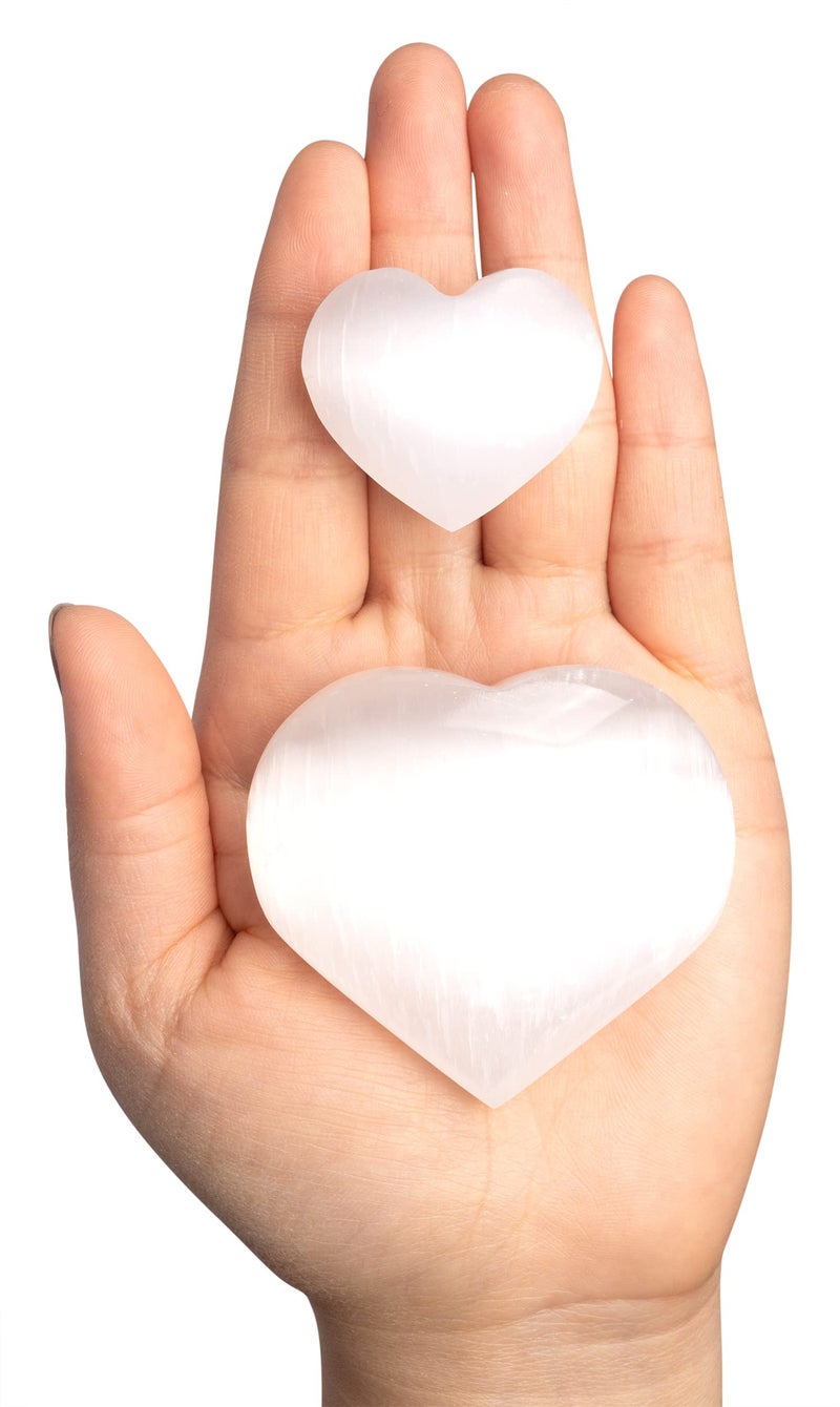 2 pc Selenite Heart Palm Stone Heart Shaped Crystals and Healing Stones Pocket Worry Stone for Anxiety and Stress Relief Healing Crystals for Meditation Reiki Spiritual and Crystal Gifts